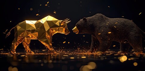 Poster - A visual representation of the bull and bear market in the Bitcoin sector, using gold and black shades to depict the crypto market