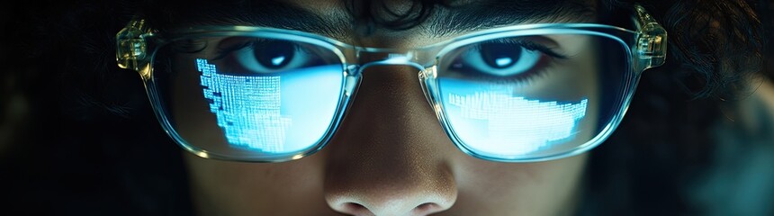 Poster - The young Indian business trader with glasses looks at his computer screen, where trading charts are visible through his glasses, considering a crypto buy, forecasting the future, and delving into
