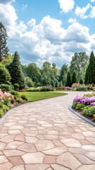 Poster - Winding stone pathway traversing verdant garden, blooming with vibrant flowers, framed by leafy trees beneath cloudy azure sky