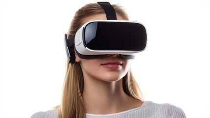 Poster - Young Woman Experiencing Immersive Virtual Reality Headset Technology Modern Innovation Future Digital World Advanced Device High Tech Futuristic     
