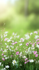 Poster - Delicate white-pink cosmos blossoms swaying amid verdant grass, illuminating soft countryside landscape