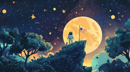 Wall Mural - a lone astronaut stands beneath a large luminous night sky