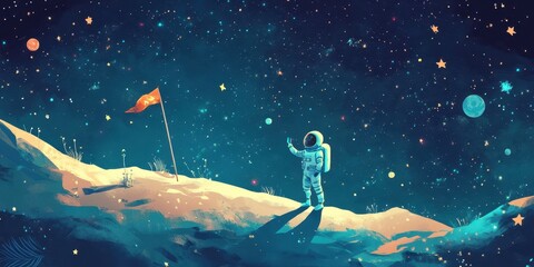 Wall Mural - astronaut waving on a planetary surface with flag and starry sky
