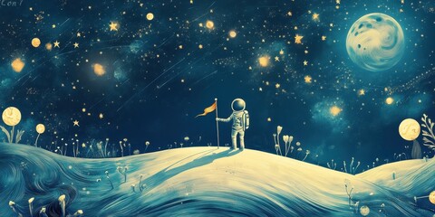 Wall Mural - an astronaut plants a flag on an alien world under stars