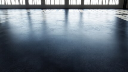 Poster - spacious, polished concrete floor in a well-lit industrial space with large windows casting shadows