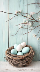 Poster - Colorful Easter eggs resting on soft moss, encircled by delicate pastel blossoms, highlighting seasonal springtime festivity