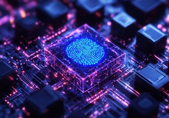 Aufkleber - Abstract representation of a futuristic fingerprint recognition technology on a circuit board with glowing elements and digital patterns for security concepts