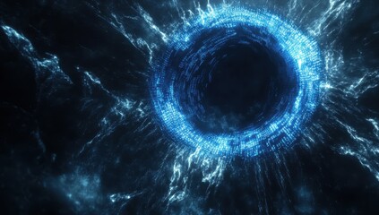 Poster - Abstract representation of a glowing blue vortex with dynamic data streams flowing around in a dark space, illustrating concepts of technology and digital innovation