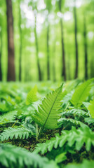 Poster - Close-up green fern leaf nestling amid verdant forest undergrowth, blurred woodland backdrop creating soft natural setting