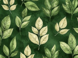 Seamless Pattern of Green Leaf and Bamboo Plants on White Background with Tree Branches Celebrating Nature in a Chic Design