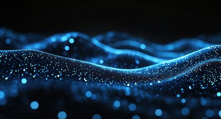 Poster - abstract representation of glowing blue waves and sparkling particles against a dark background crea