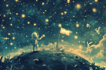 Wall Mural - an astronaut explores space alongside rabbits and a starry night