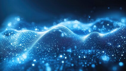 Poster - Abstract representation of illuminated digital waves and particles creating a mesmerizing ocean of blue light and depth in a futuristic environment