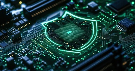 Aufkleber - Abstract representation of secure technology with glowing microchip and digital circuitry on a dark background for cybersecurity themes