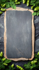 Poster - Slate plate bordered by green hop cones, resting on dark stone surface, showcasing rustic brewing ingredients