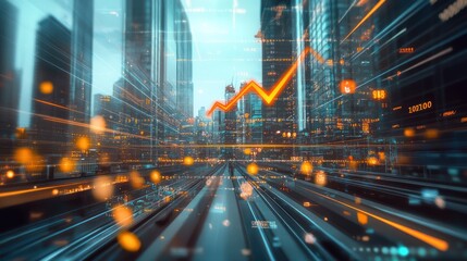 Poster - City street with upward graph, blurred motion, business concept