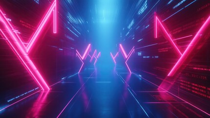 Poster - Neon arrows tunnel, futuristic, vibrant, digital, glowing, technology, speed, light