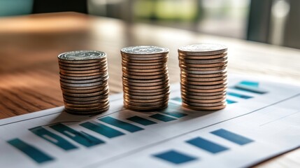 Poster - stacks of coins on a report, financial growth, business table