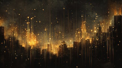 Poster - Abstract futuristic city skyline at night with golden light streaks.  Possible use Background image for futuristic, technology-themed design or artwork
