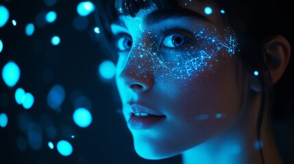 Poster - Stunning Blue Neon Light Portrait Woman Face Digital Art Futuristic Technology Abstract Network Glowing Skin Modern Elegant Mysterious Female Beauty  