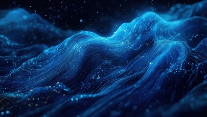 Fototapete - Abstract Waves of Blue Light Creating a Digital Ocean Scene with Stars and Particles in a Cosmic Universe, Perfect for Backgrounds or Visual Effects