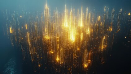 Poster - Aerial View of an Illuminated Futuristic City With Skyscrapers and Glowing Lights at Night Surrounded by Dark Fog and Water