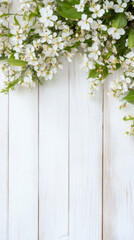Poster - Delicate spring blossoms lining weathered white wooden surface, providing elegant blank area for personalized message design