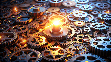 Poster - cluster of interlocked gears with glowing light in center, symbolizing innovation and mechanics