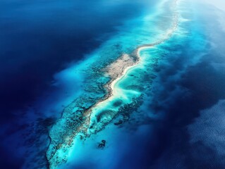 Poster - Aerial View of Vibrant Coral Reef Surrounded by Deep Blue Ocean Waters and a Serene Sandy Beach in Tropical Paradise