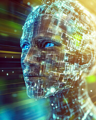 Poster - Mysterious Hologram Reveals an Alien Face in a Futuristic Setting Filled With Vibrant Colors