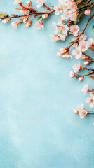 Poster - Spring blooming branches framing light blue textured background creating beautiful floral composition