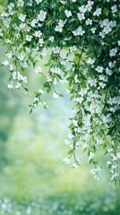 Aufkleber - White blossoms adorning leafy branches, showcasing delicate spring floral beauty against soft green foliage