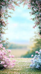 Aufkleber - Delicate pink and blue magnolia blooming alongside cherry blossoms, framing verdant landscape under bright azure sky