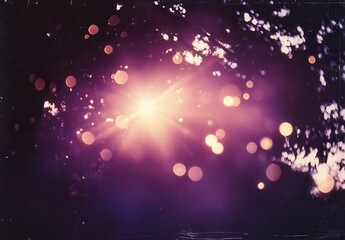 Poster - Beautiful ethereal light rays shining through tree leaves creating a dreamy bokeh background with soft purple and golden tones in nature environment