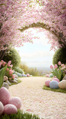 Poster - Pastel easter eggs lining garden path, surrounded by blossoming cherry trees and vibrant tulips during springtime landscape