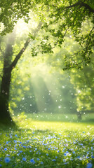 Poster - Sunlight streaming through lush trees illuminates a picturesque meadow adorned with vibrant blue flowers and enchanting bokeh lights
