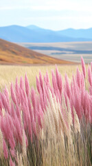 Aufkleber - Pink muhly grass waving softly, rolling hills and distant mountain peaks creating serene grassland panorama with gentle pastel hues
