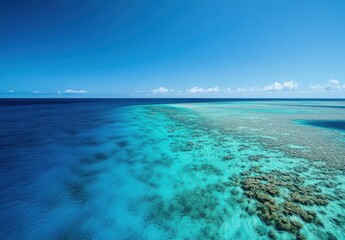 Poster - Breathtaking aerial view of crystal clear turquoise water over vibrant coral reef under a bright blue sky with scattered clouds on a sunny day