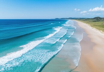 Poster - Breathtaking Aerial View of Serene Beach with Gentle Waves and Clear Blue Ocean Under a Bright Sky in Coastal Landscape
