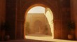 © Margarita Ratatosk - Moroccan riad courtyard with ornate arched doorway at sunset. Traditional Islamic architecture. Warm golden light. Peaceful oasis in medina. Travel destination.