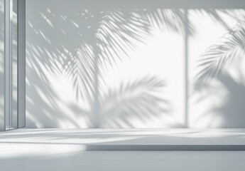 Poster - Bright and Minimalist Interior Space with Tropical Palm Shadows on White Wall and Floor, Evoking Calmness and Serenity in Contemporary Design