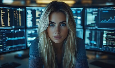 focused woman programmer working late at night surrounded by computer screens
