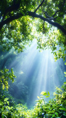 Aufkleber - Bright sunlight streaming through verdant forest canopy, casting golden rays and creating ethereal woodland ambiance