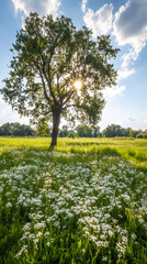 Poster - Sunlight streaming through a tree in a vibrant field of blooming flowers beneath a backdrop of a cloudy blue sky