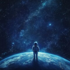 Wall Mural - astronaut observes the vastness of space while standing on a planet