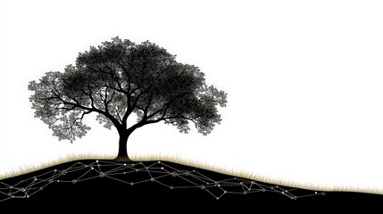 Poster - silhouette of a tree on a hill with abstract connections and grass, symbolizing nature and technolog