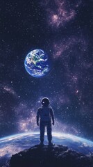 Wall Mural - an astronaut contemplates the earth while standing on an alien planet