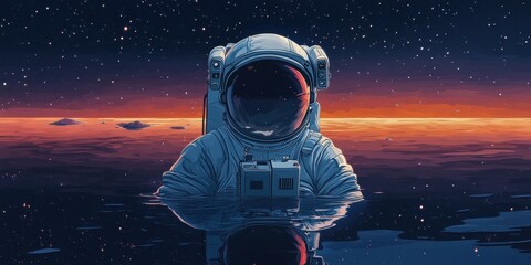 Wall Mural - an astronaut standing partially submerged in water at sunset