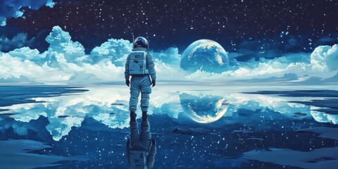 Wall Mural - an astronaut stands gazing upon a planet with its reflection