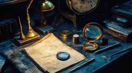 Poster - A gemstone cutting workstation with faceting tools, magnifying lenses, and a polishing wheel.